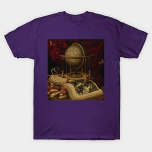 Vanitas Still Life with Celestial Globe, a Book, Shells, a Snake and Butterflies by Carstian Luyckx T-Shirt